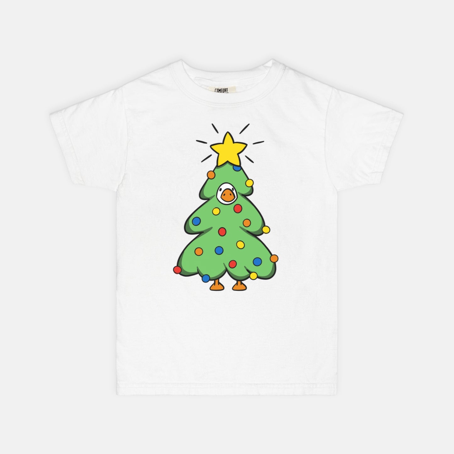 White t-shirt flat lay featuring a Christmas tree dressed porch goose design, white background.