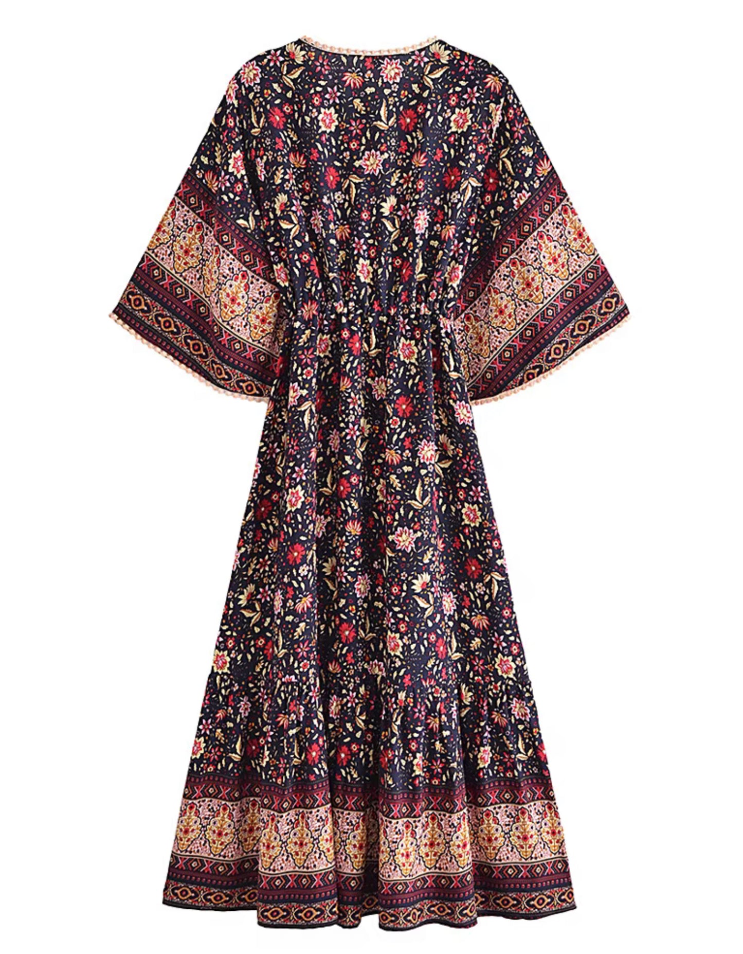 Boho - Butterfly Sleeve - MIDI Black and Red Floral
