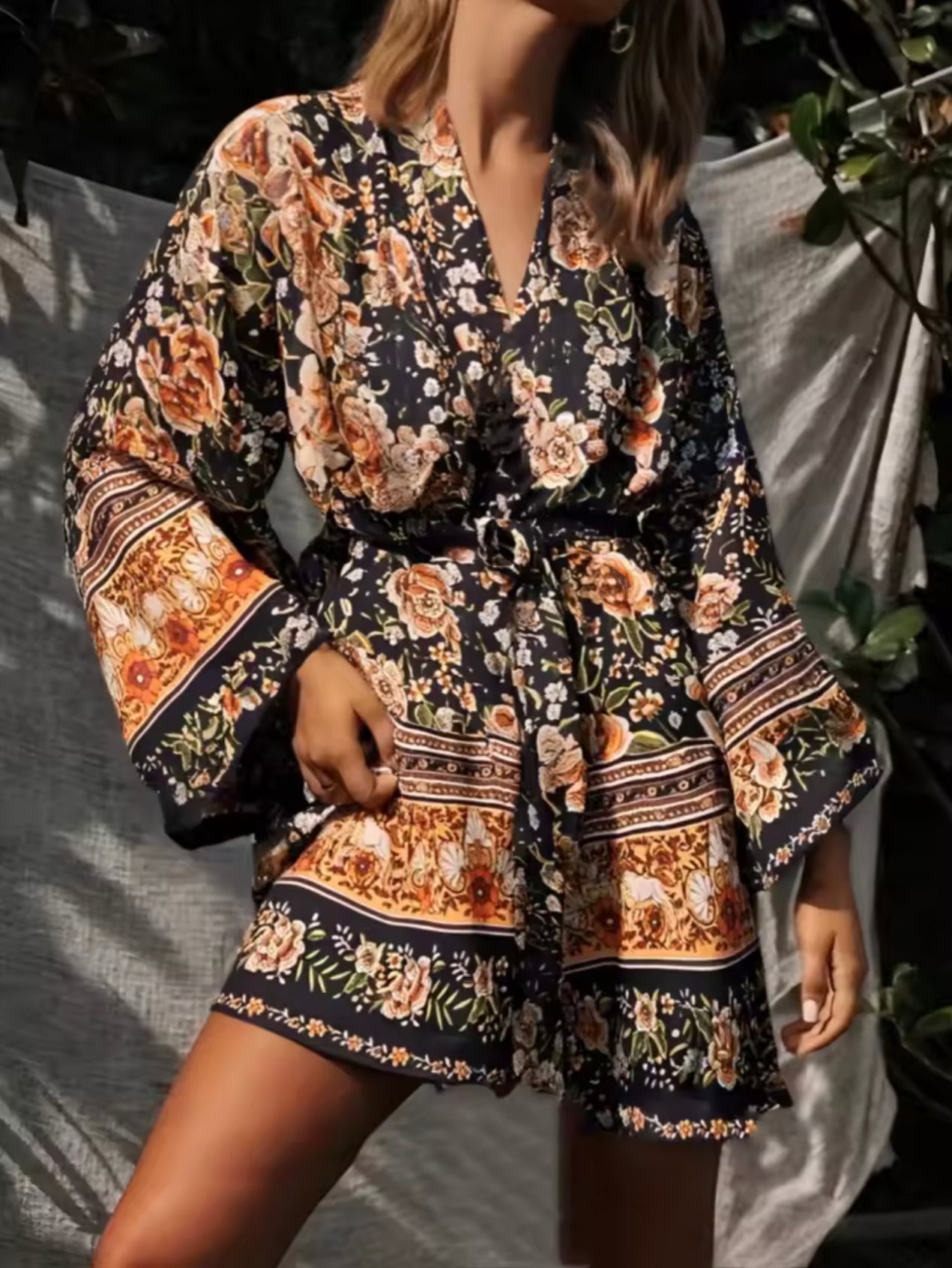 Kimono - Black and Gold Long Floral