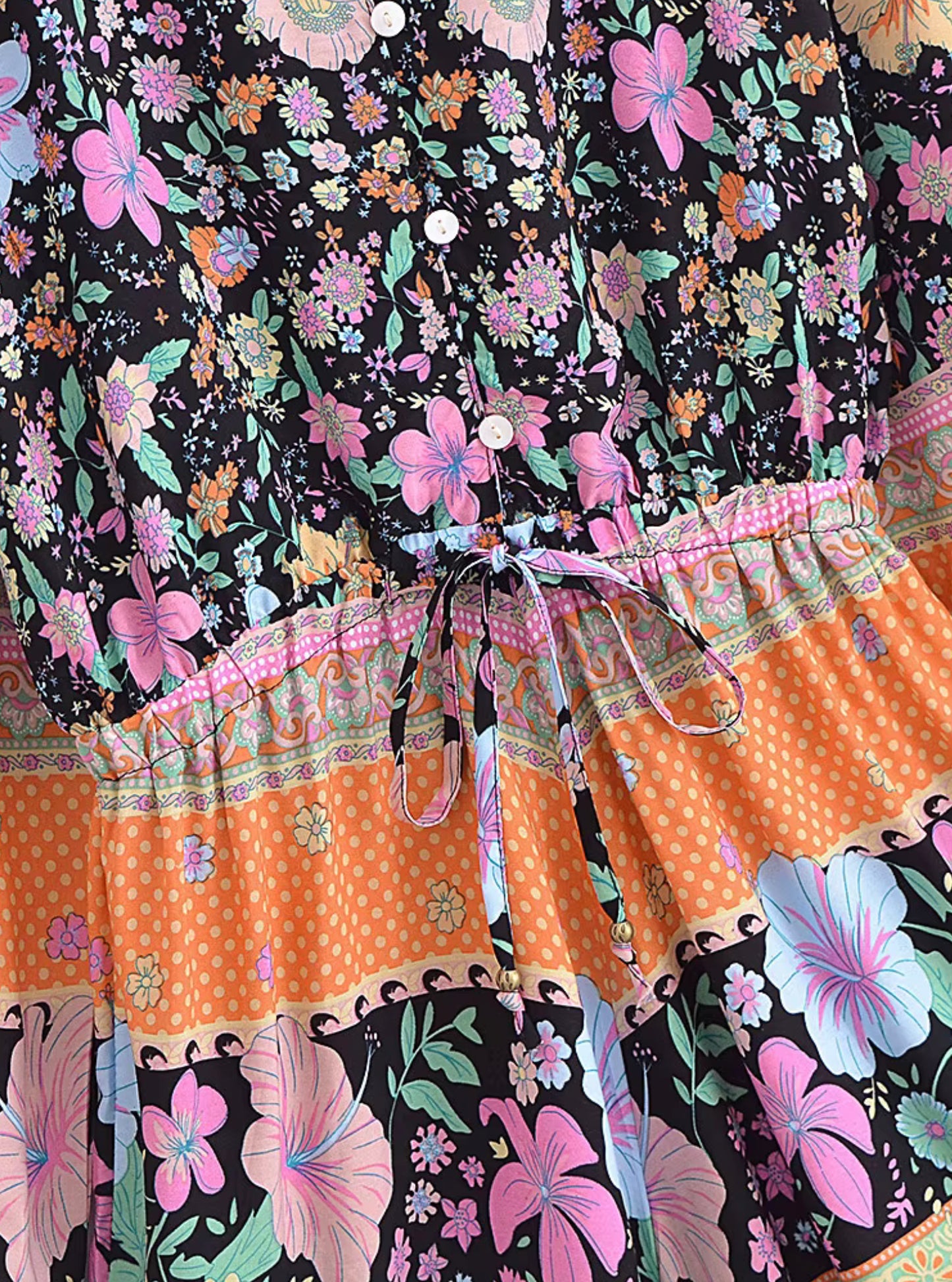 Boho - Romper - Long Sleeve Shorts - Black, Orange & Pink