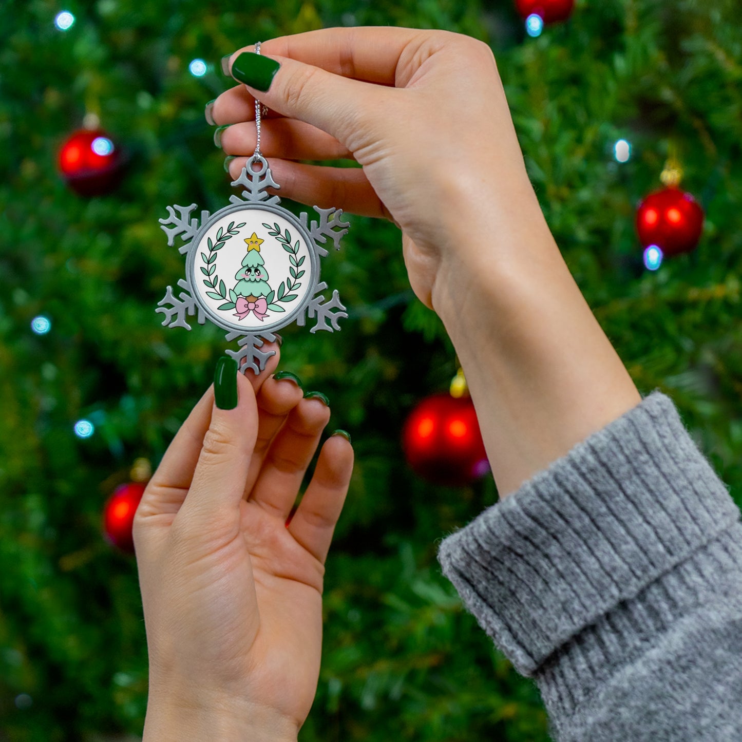 Snowflake Ornament, Kawaii Pewter Christmas Tree Decor, Holiday Decoration, Gift for Christmas, Festive Ornament