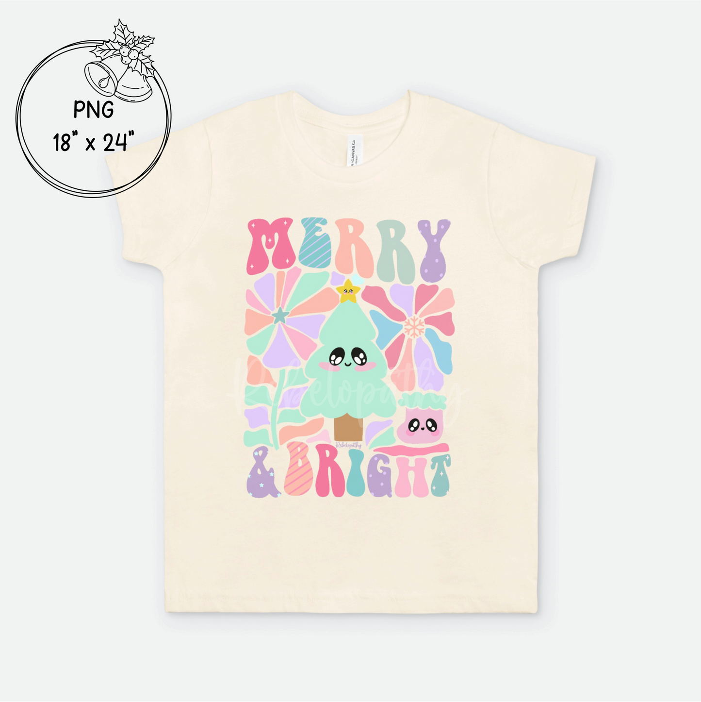 Beige t-shirt with colorful kawaii graphic consisting of a Christmas tree, stocking and flowers on a white background with the text, Merry & Bright. Listing is for the graphic.