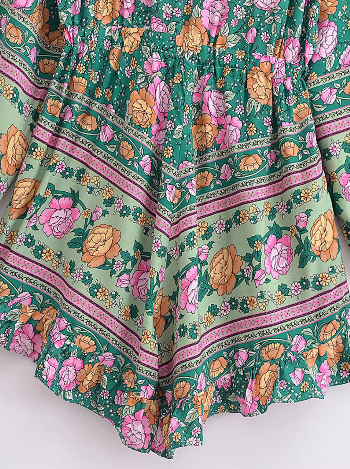 Boho - Romper - Long Sleeve Shorts - Green & Pink Floral