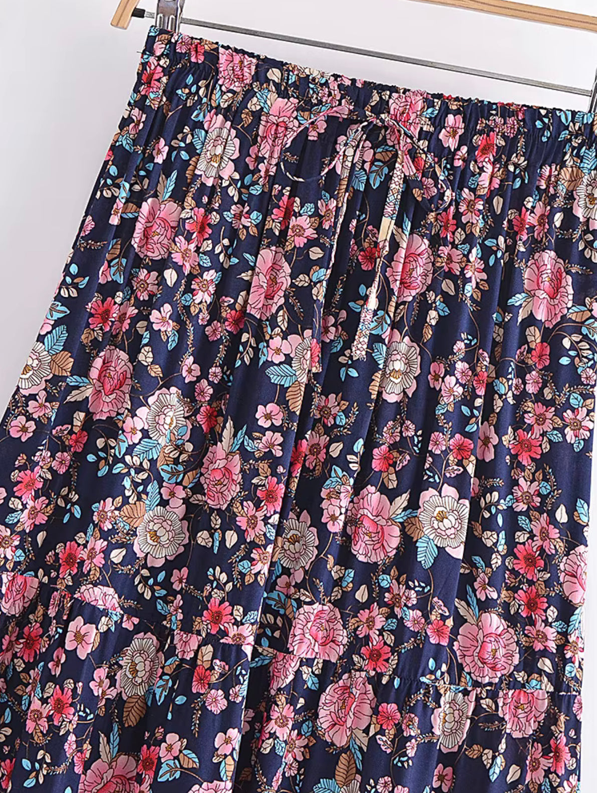 Boho - Skirt - Blue & Pink Floral Elastic Waist