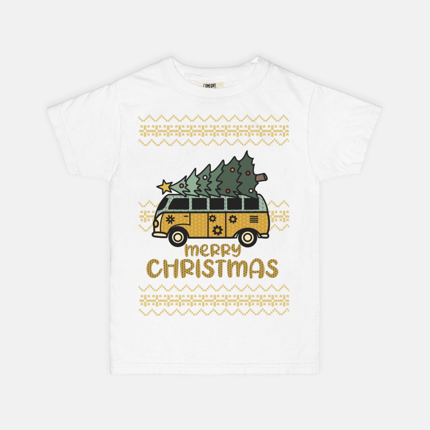 White t-shirt with Christmas vintage bus with sweater design and Christmas tree tied to the top on a white background