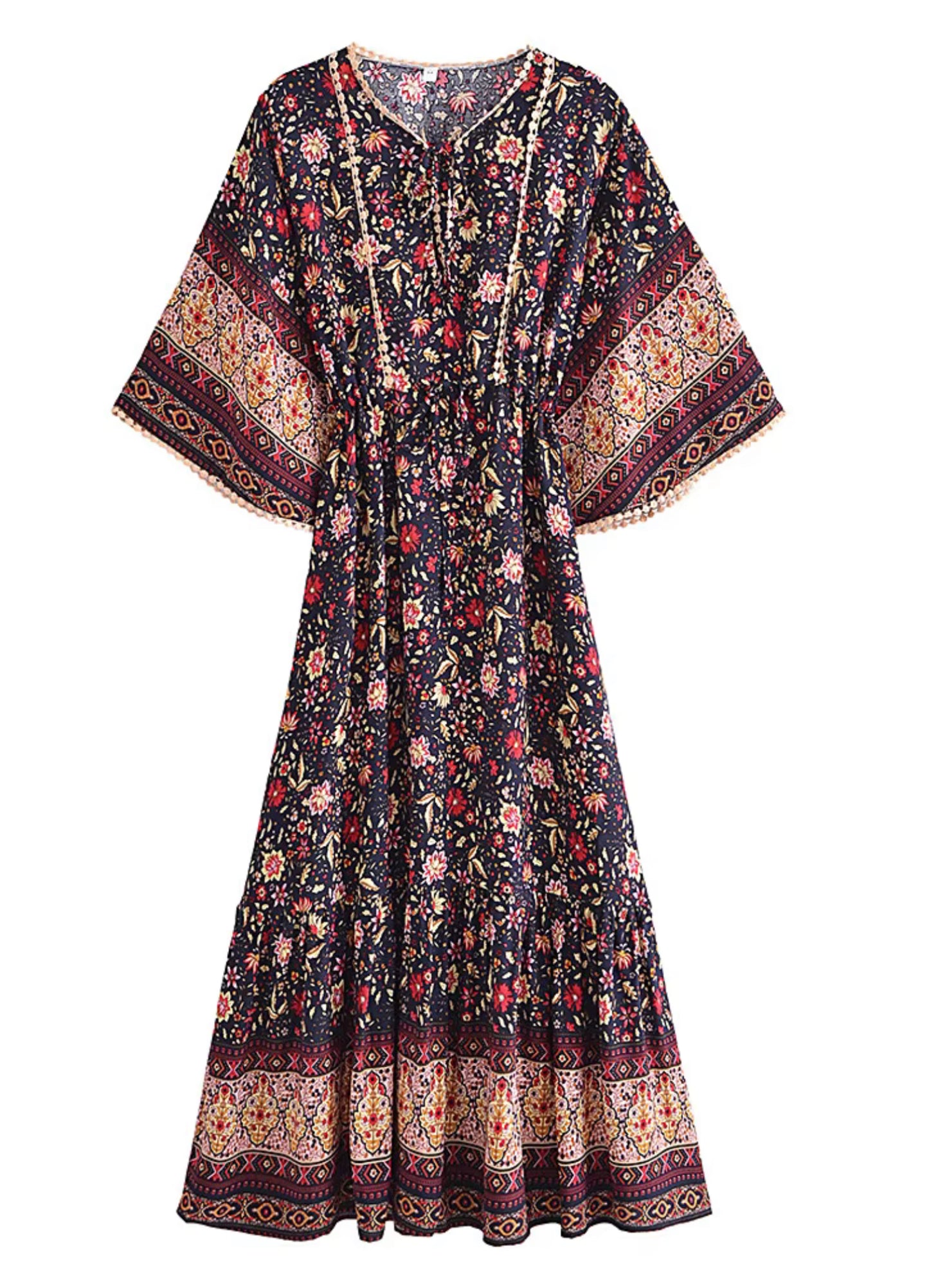 Boho - Butterfly Sleeve - MIDI Black and Red Floral