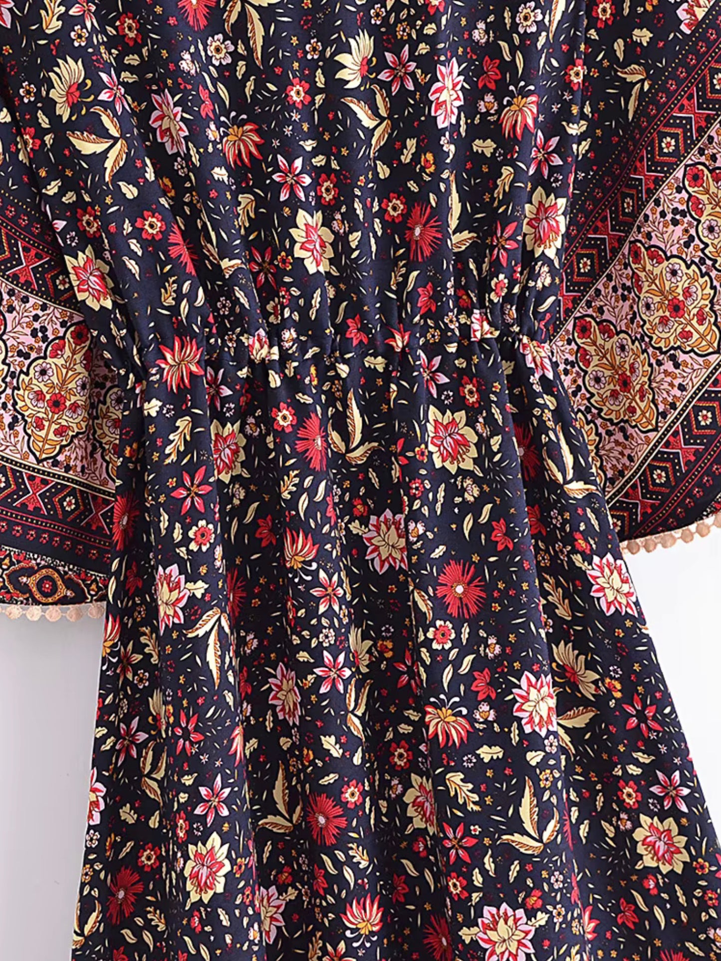 Boho - Butterfly Sleeve - MIDI Black and Red Floral