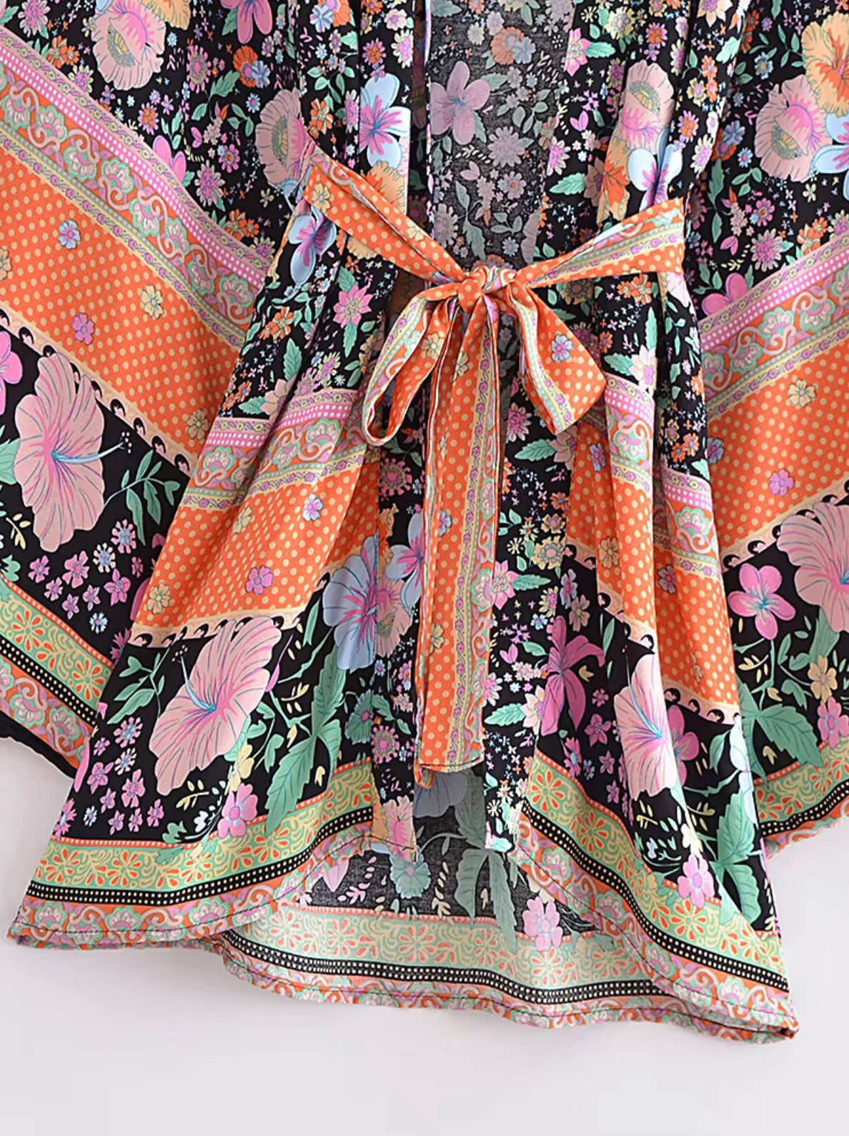 Kimono - Black, Orange and Pink Long Floral