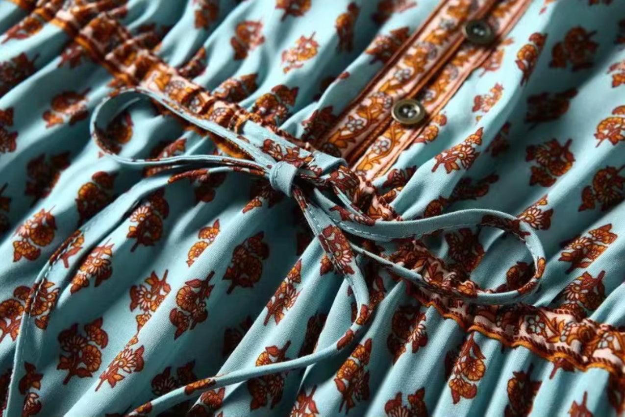 Boho - Blue and orange Floral MIDI