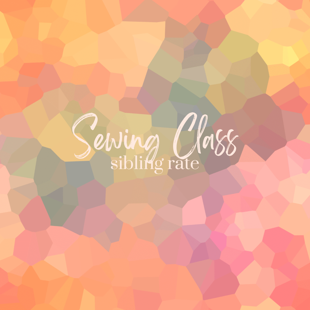 Colorful geometric pattern with 'Sewing Class sibling rate' text