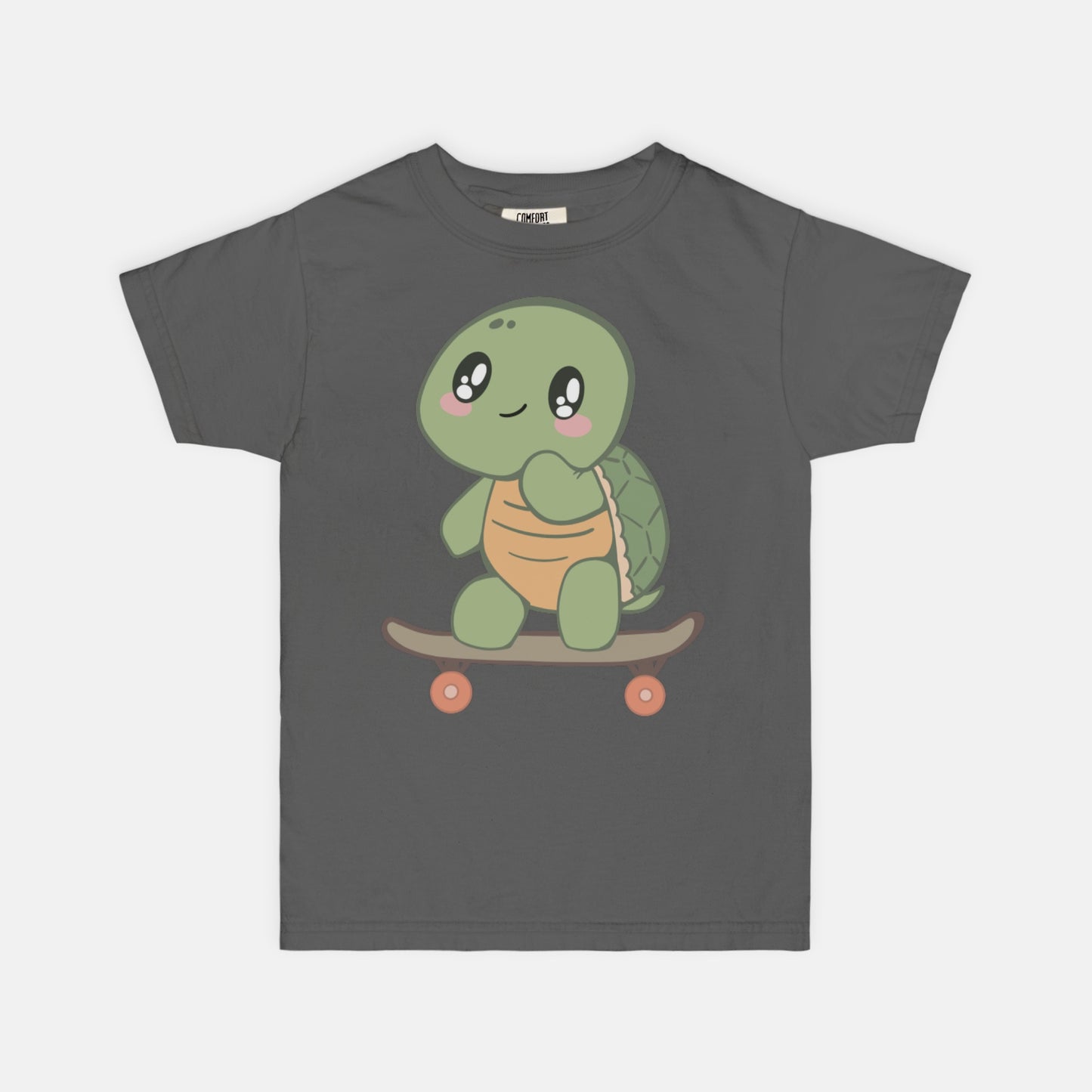 Gray t-shirt with a cartoon turtle on a skateboard design on a white background
