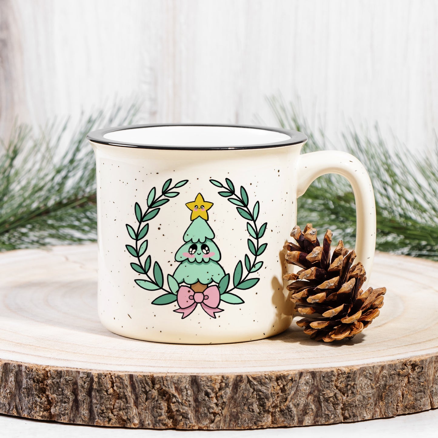 Kawaii Christmas Tree Ceramic Camp Mug Speckled Cream 13oz