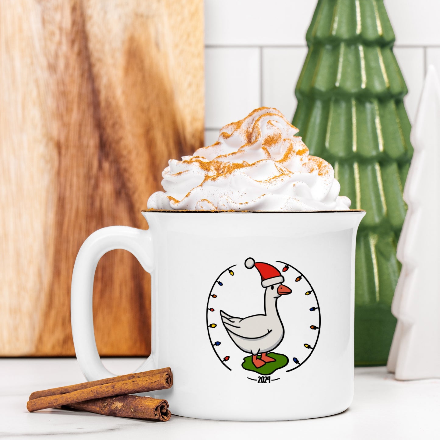 Christmas Goose Coffee Mug, Santa Hat Ceramic Camp Mug, First Year of Lawn Goose Ownership Gift, Holiday Decor, Xmas Mug