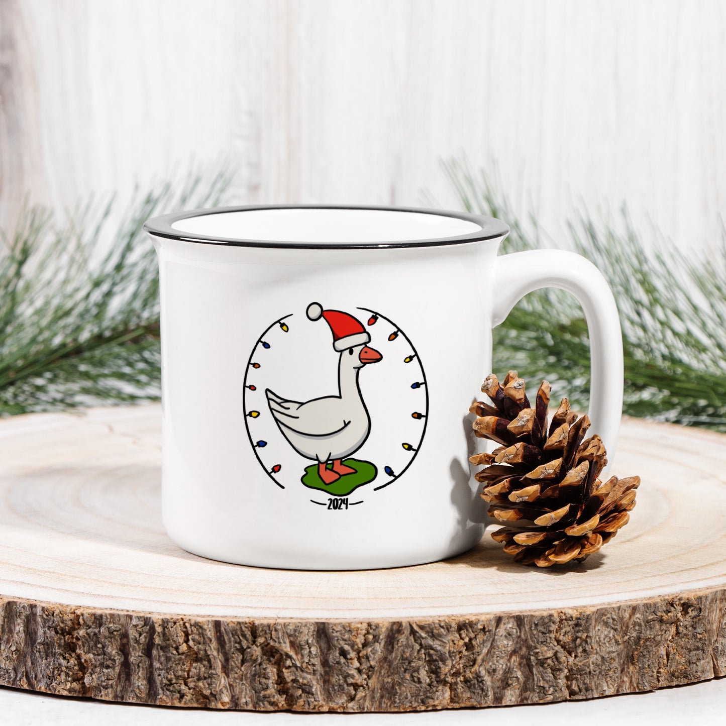 Christmas Goose Coffee Mug, Santa Hat Ceramic Camp Mug, First Year of Lawn Goose Ownership Gift, Holiday Decor, Xmas Mug