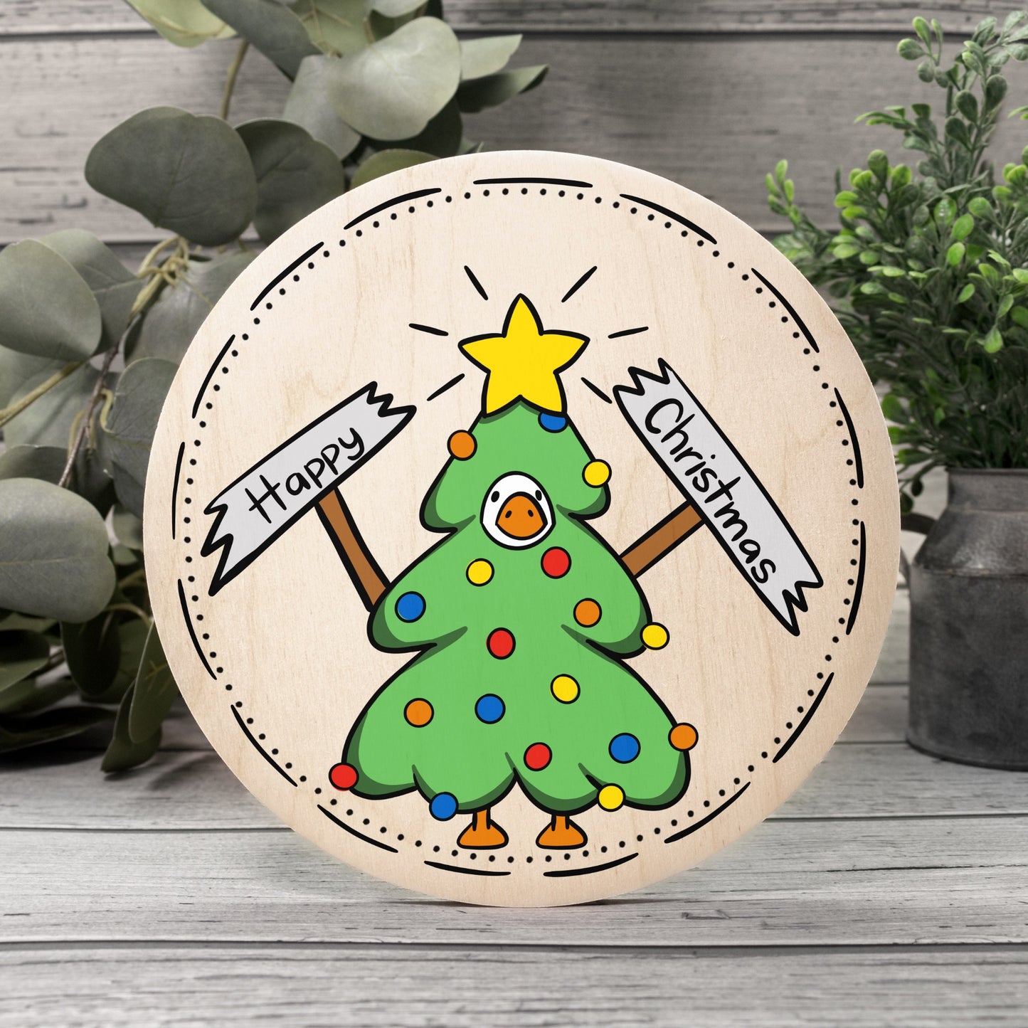 Happy Christmas Goose - Wood Sign 8" (Round)