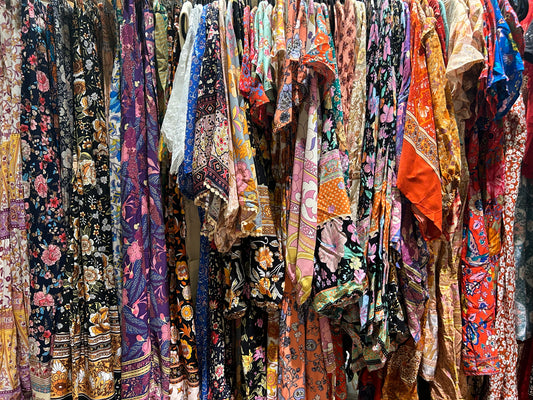 Colorful floral clothing on a rack