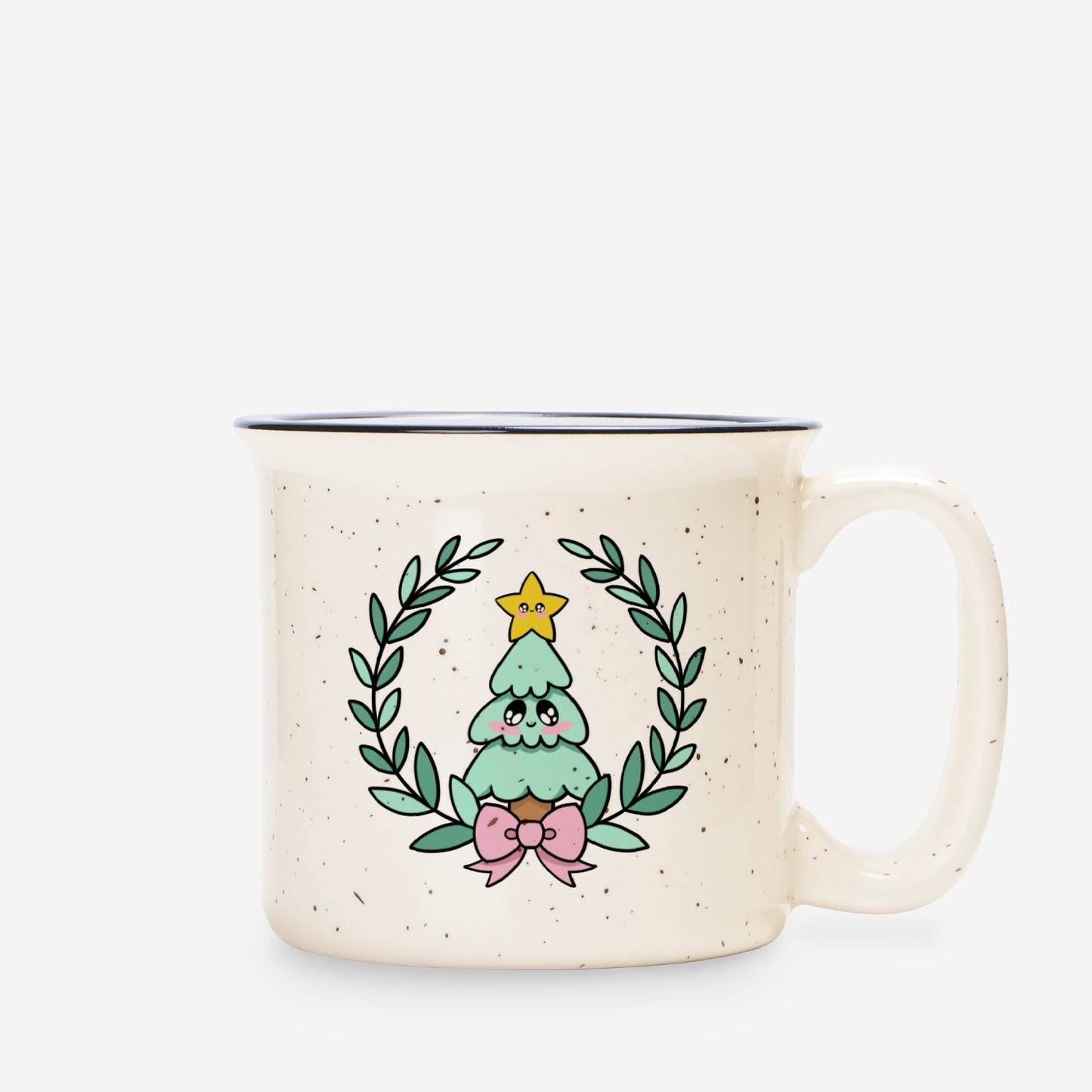 Kawaii Christmas Tree Ceramic Camp Mug Speckled Cream 13oz