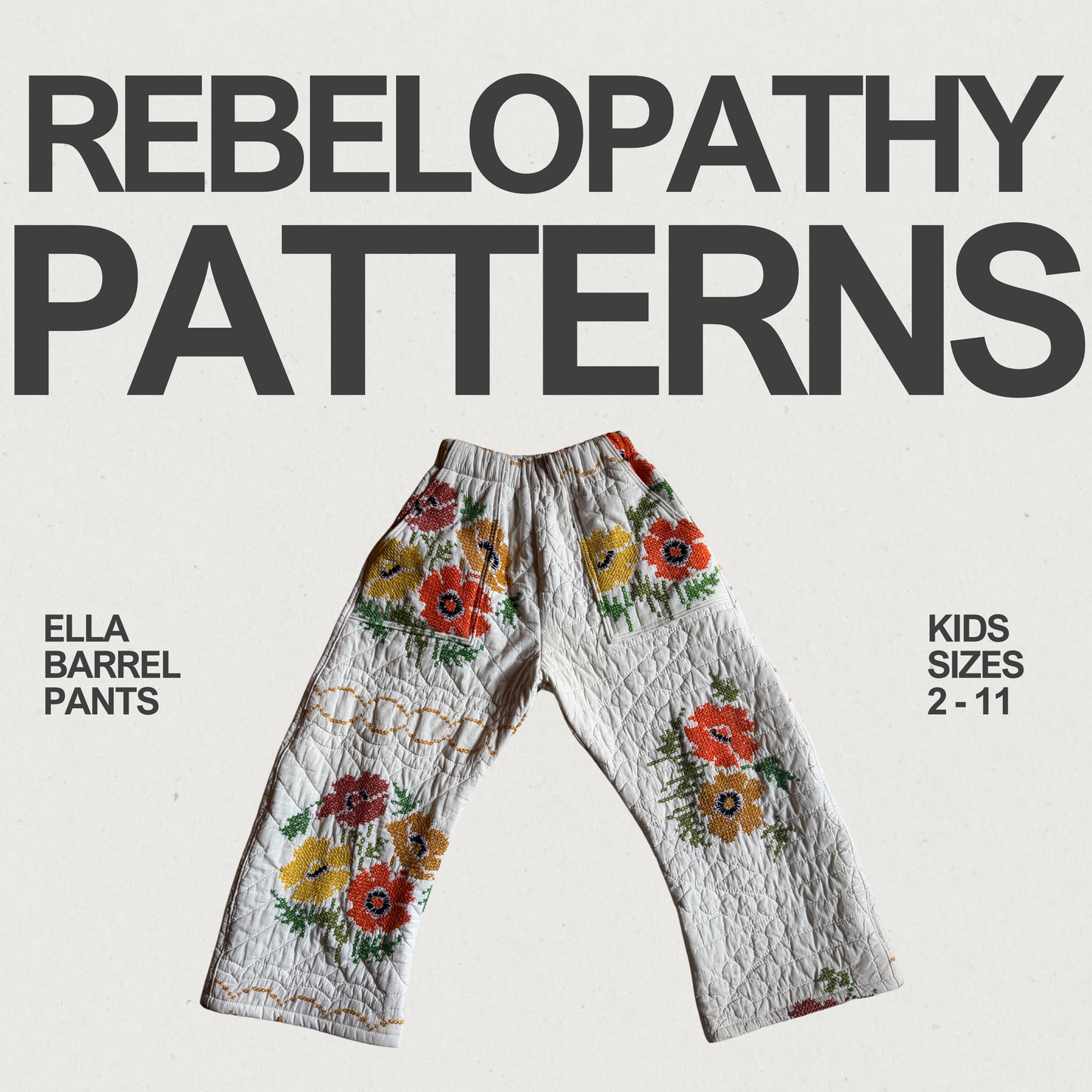 Infographic stating pant pattern is available in sizes 2 - 11 for kids. 