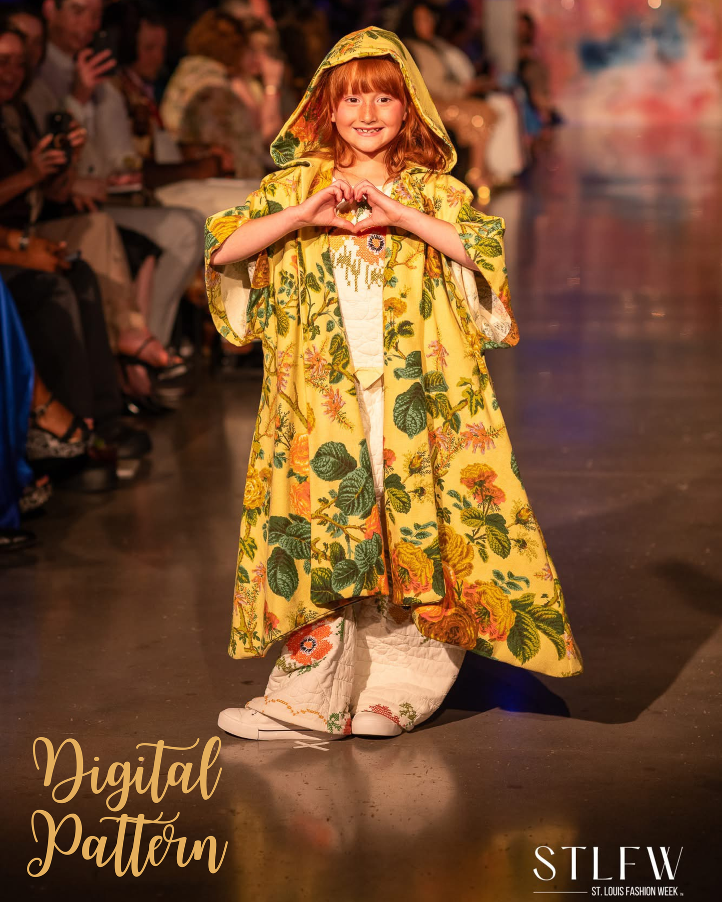Girl in cloak on a runway in vintage fabric.