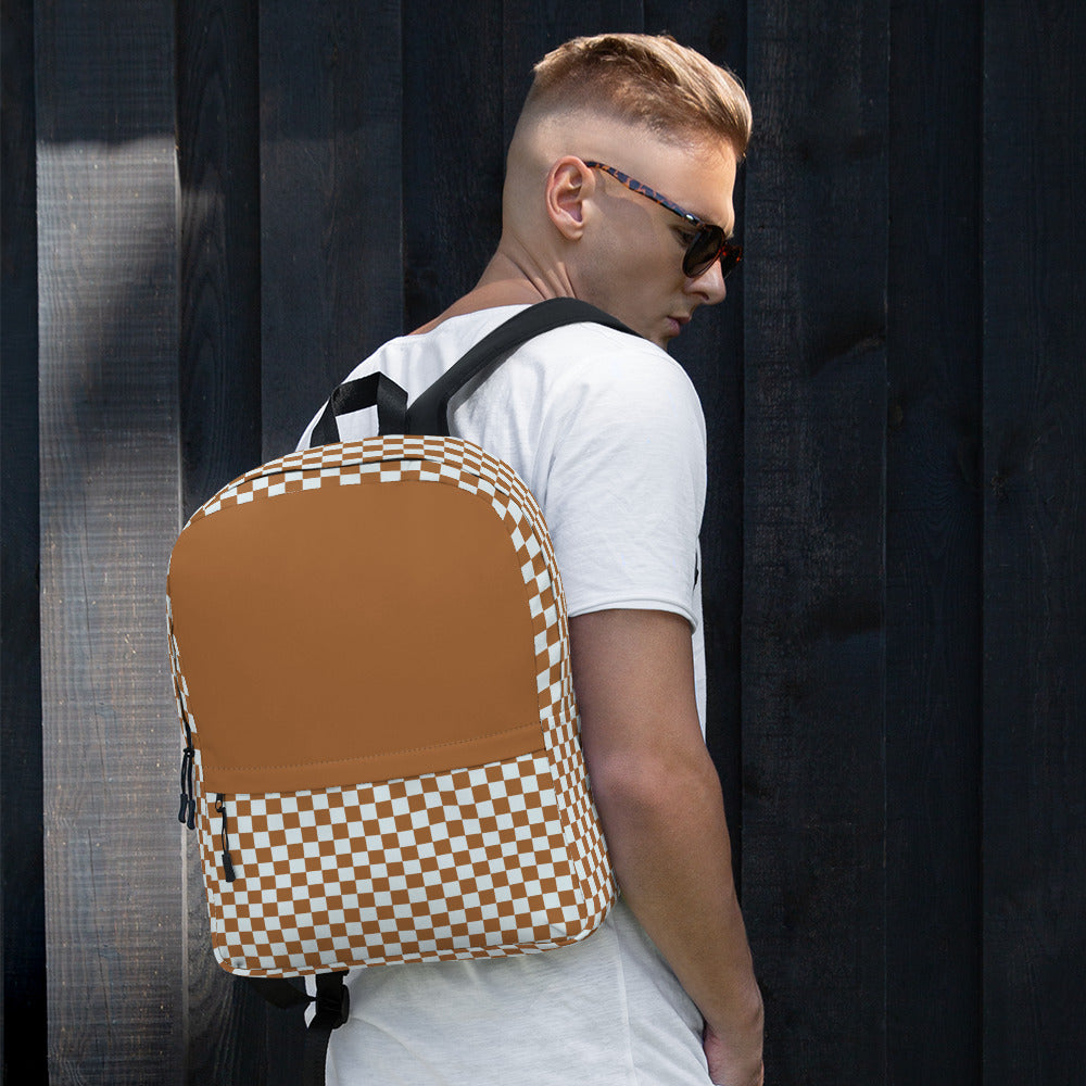 White and Brown Checker Backpack