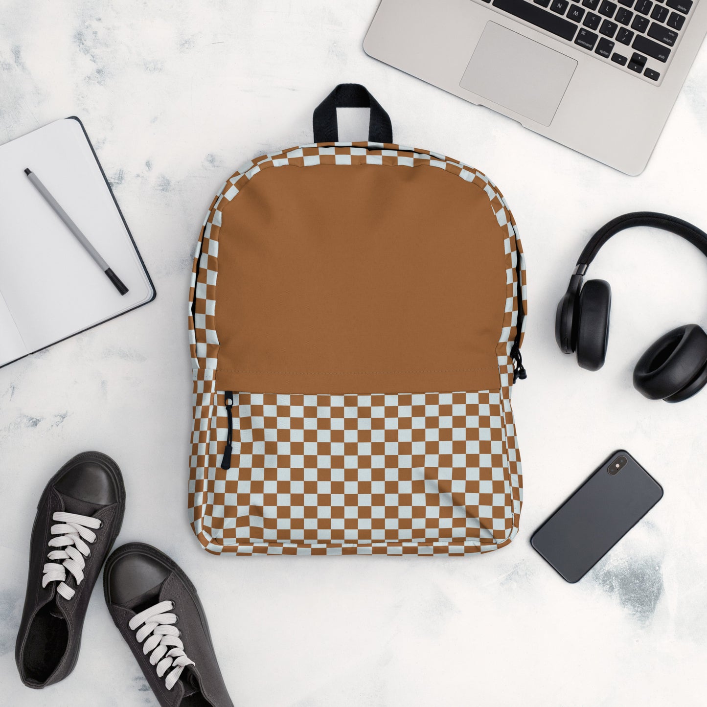 White and Brown Checker Backpack