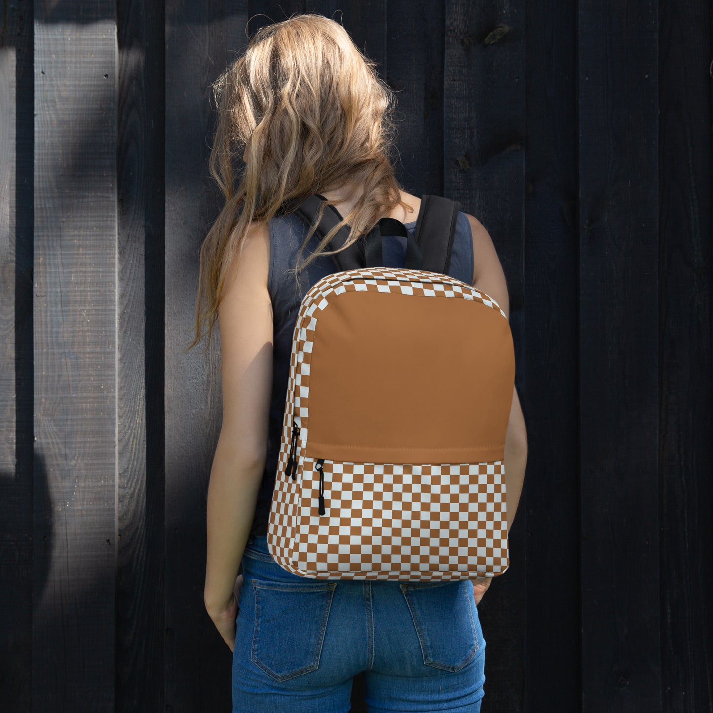 White and Brown Checker Backpack