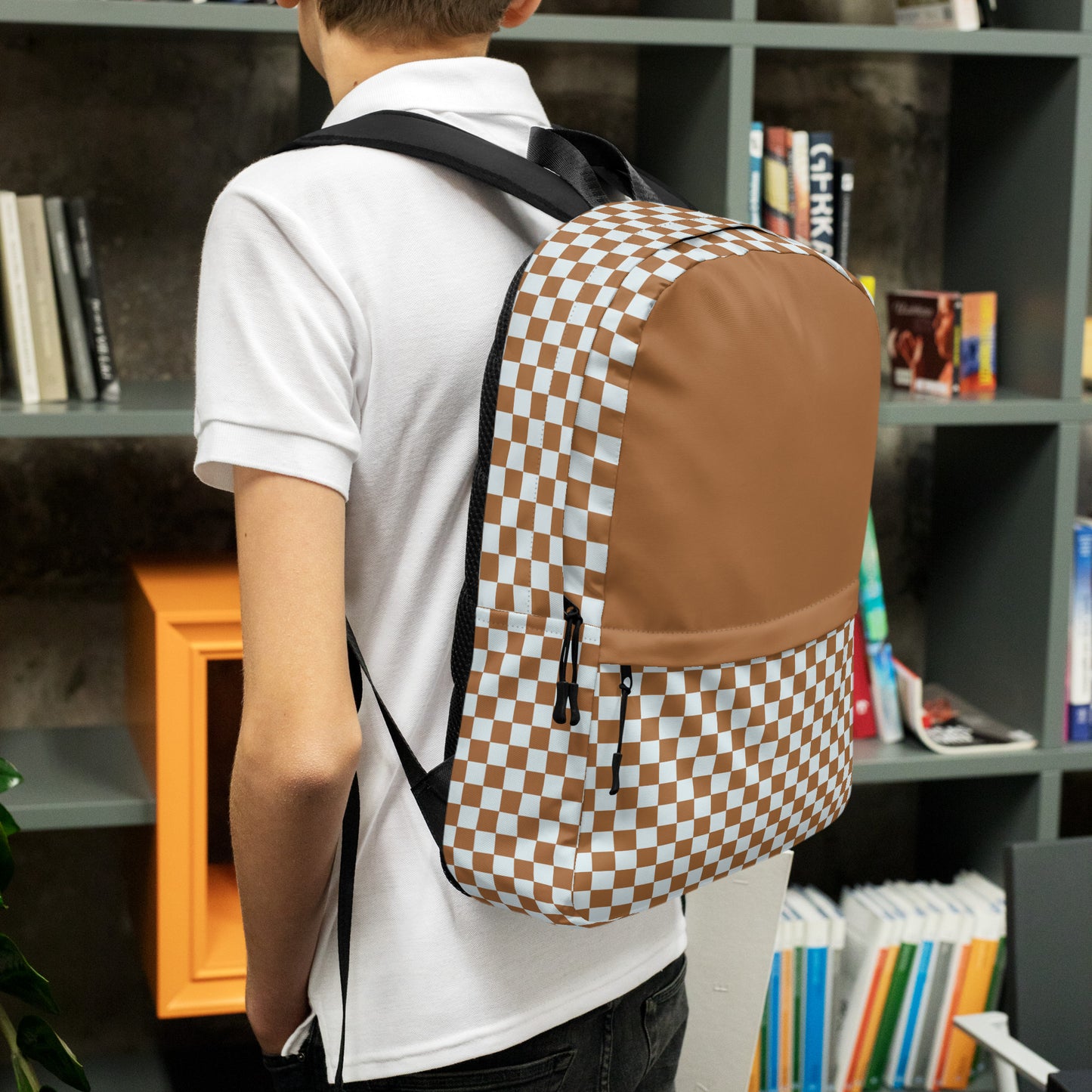 White and Brown Checker Backpack