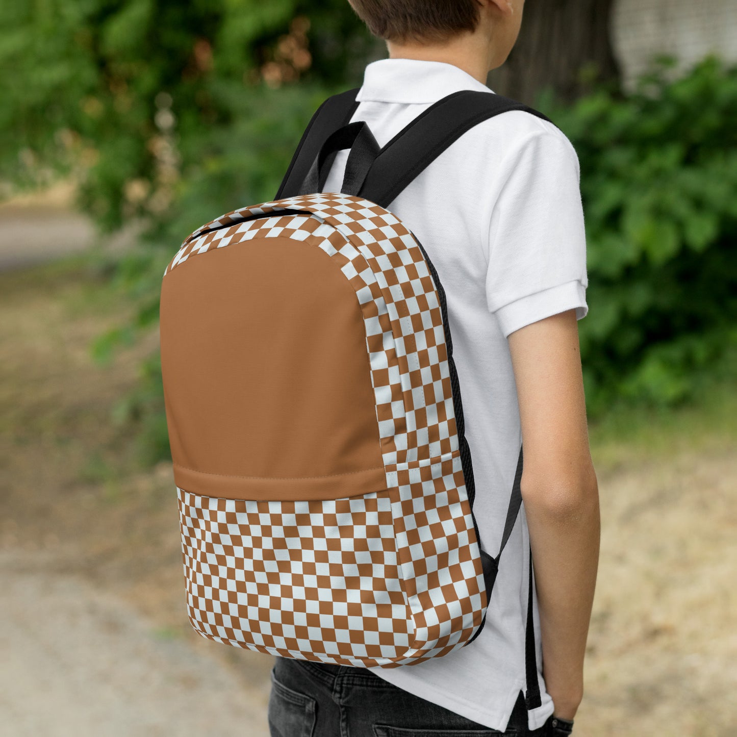 White and Brown Checker Backpack