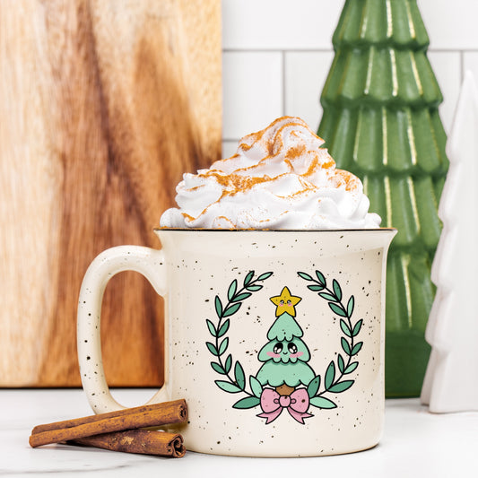 Kawaii Christmas Tree Ceramic Camp Mug Speckled Cream 13oz